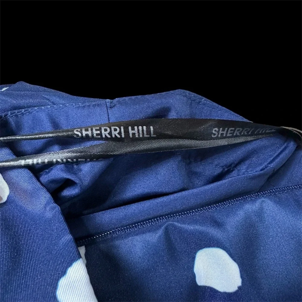 Sherri Hill Navy White Polka Dot Mermaid Skirt Ruffle‎ Bustle Back Maxi Size 0